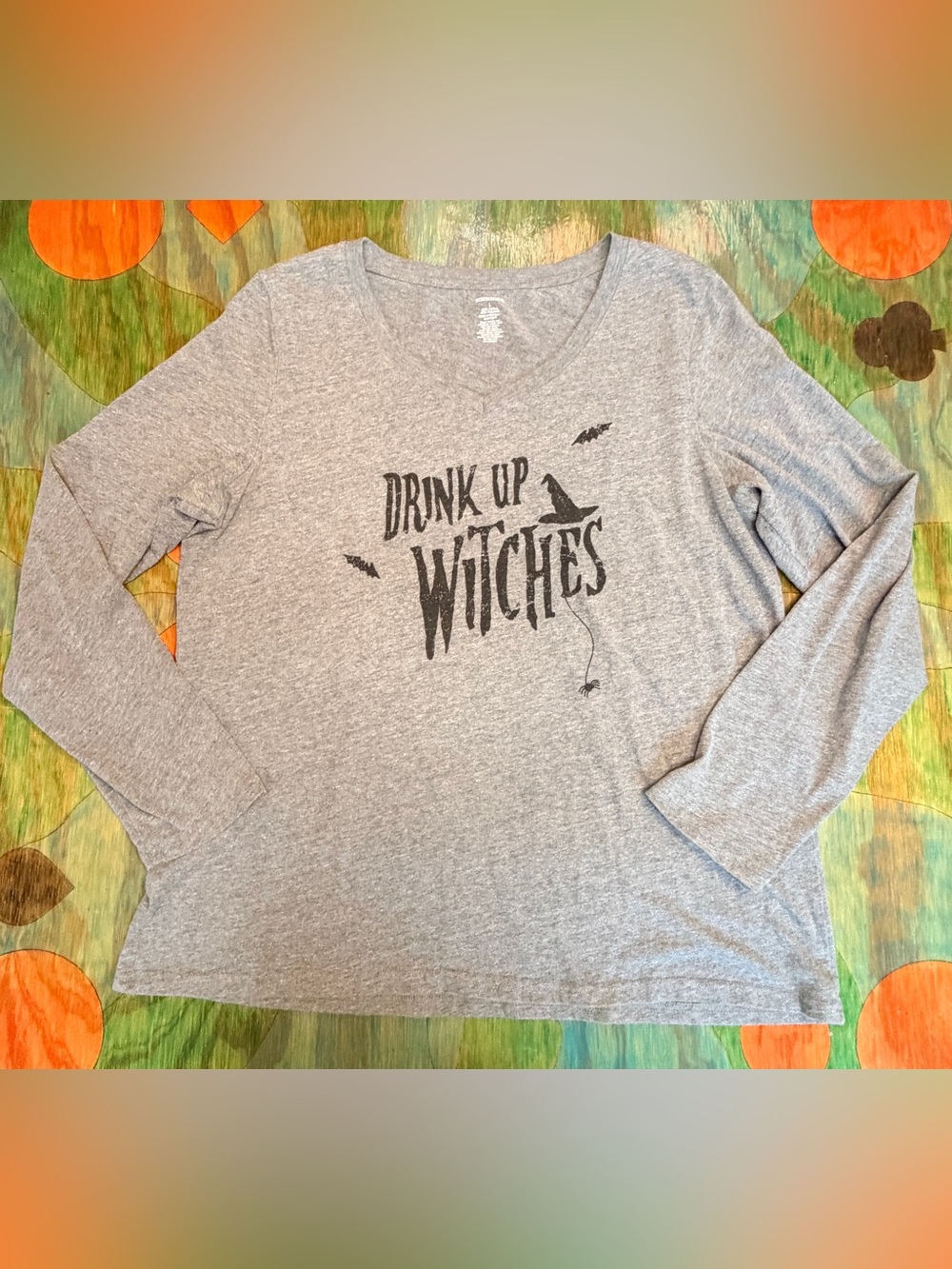 Halloween Drink Up Witches Long Sleeve Gray T-shirt Womens Size Large Pullover